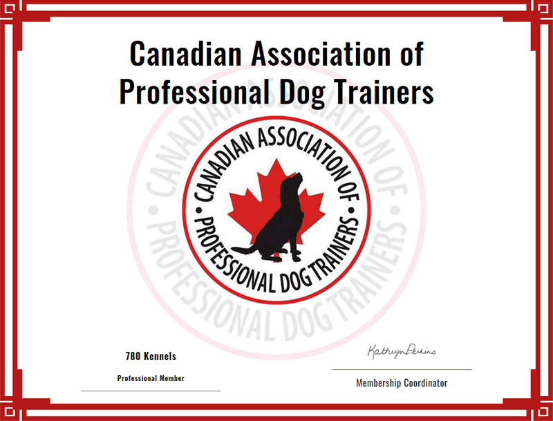 Canadian Association of Professional Dog Trainers accreditation for 780 Kennels.