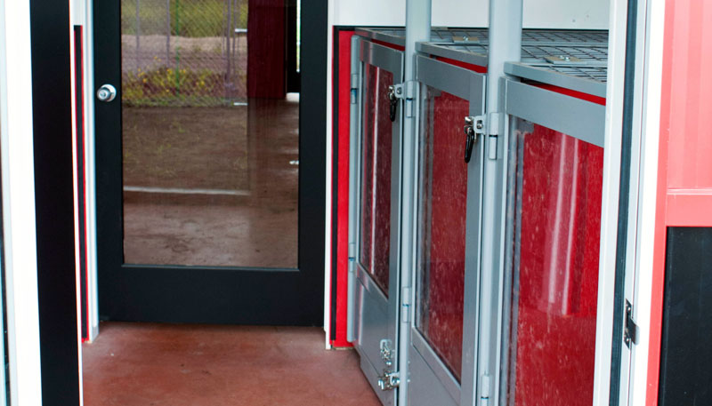 3 custom dog crates on each side of a room with 6 crates maximum per kennel room. 3 custom dog crates on each side of a room with 6 crates maximum per kennel room.