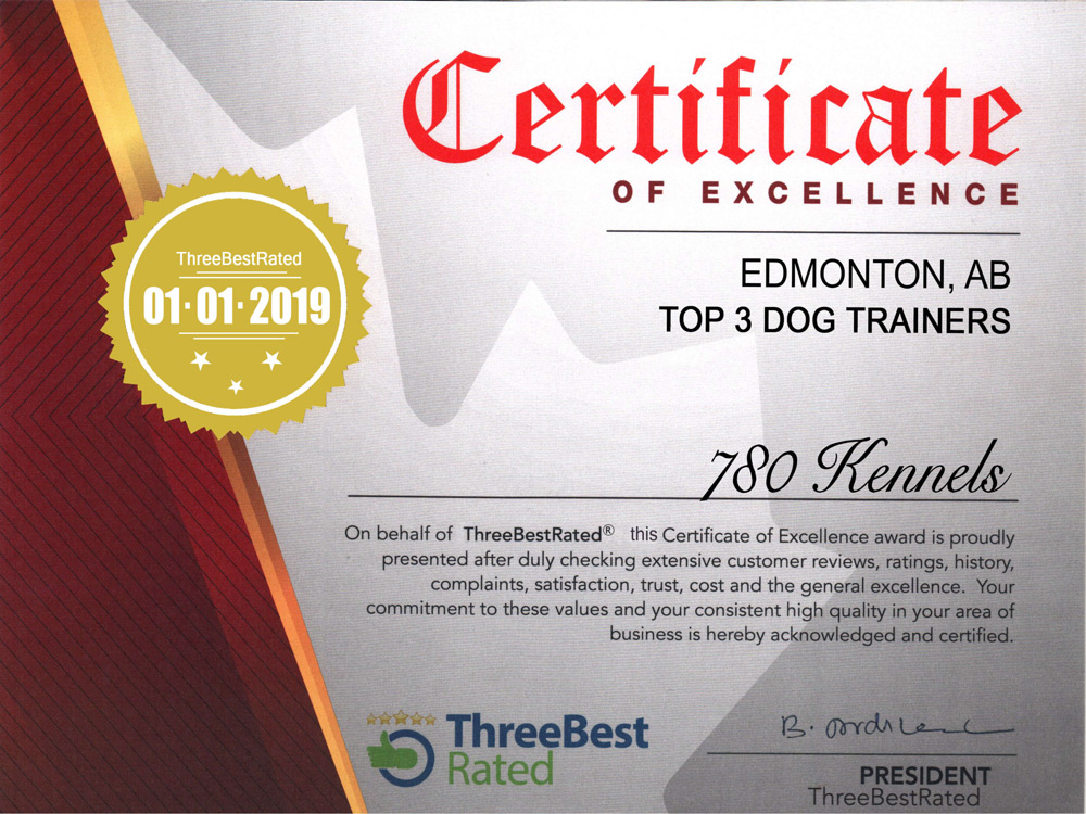 Edmonton Alberta dog trainers Certificate of Excellence for 780 Kennels.