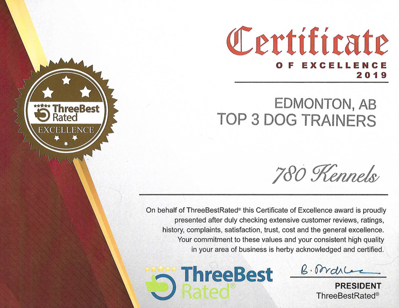 Top 3 dog trainers Edmonton, AB, certificate of excellence 2019 from Three Best Rated. Top 3 dog trainers Edmonton, AB, certificate of excellence 2019 from Three Best Rated.